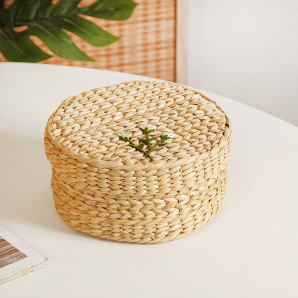Kauna Round Basket With Lid – Handmade Box With Floral Embroidery alternate