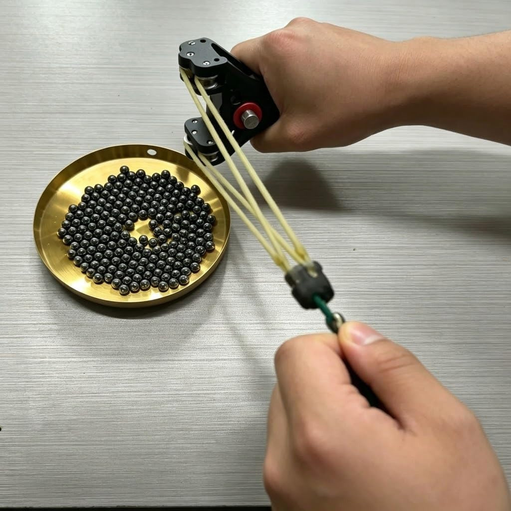 Hands demonstrating automatic loading mechanism of Vencoza slingshot with steel ball bearings